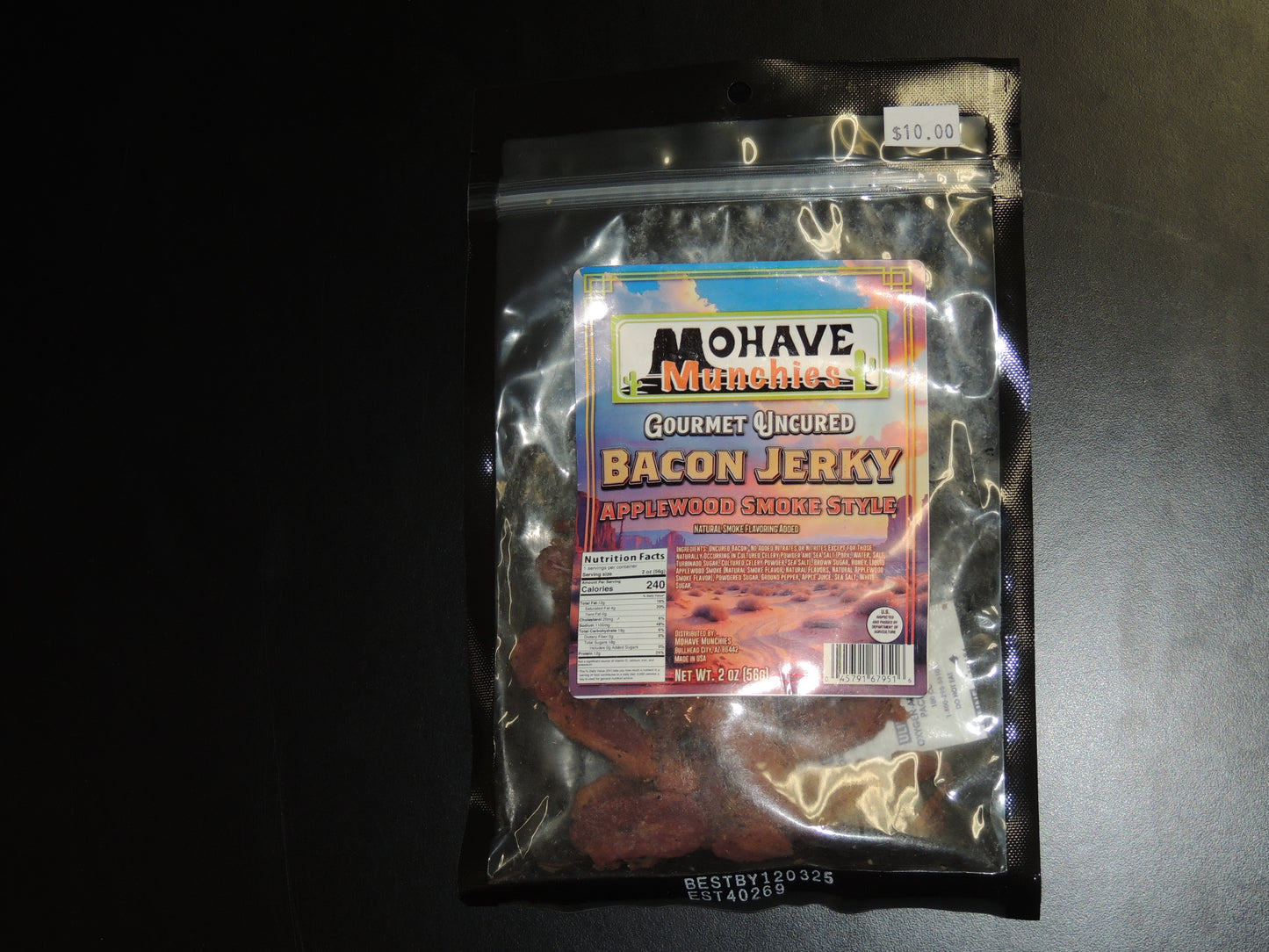 Smokey Applewood Bacon Jerky 2oz. our Smokey Applewood Bacon Jerky is here to satisfy your taste buds with rich smoky flavors and a touch of cracked black pepper for the perfect kick! $10.00 USD