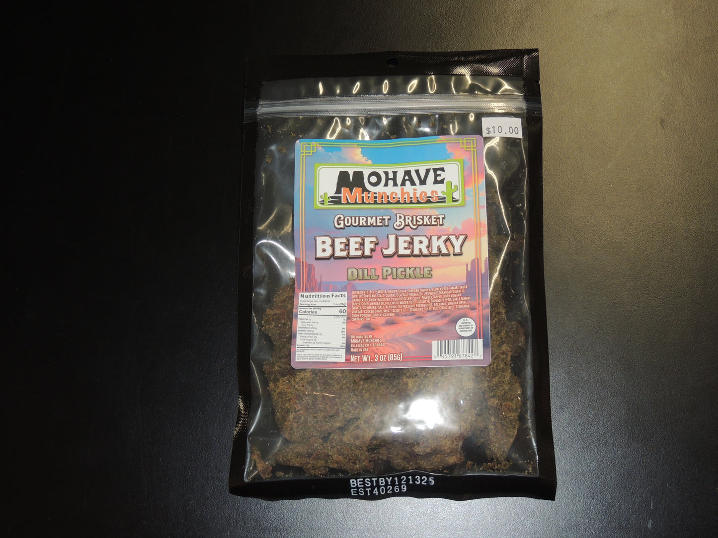 Dill Pickle Beef Jerky 3oz. One of our newest and boldest flavors, this Dill Pickle Jerky packs a tangy, savory punch that’s so good, all you need is a hamburger bun and a bag of chips! $10.00 USD