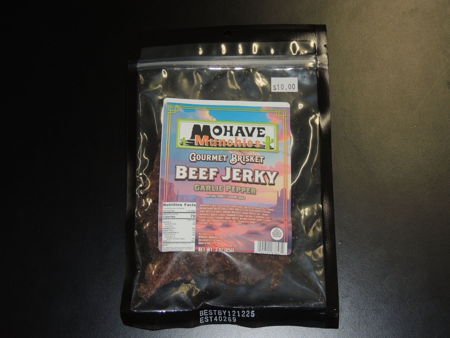 Garlic Pepper Beef Jerky 3oz. Satisfy it with our Garlic Pepper Jerky—a mouthwatering blend of lean beef, our special garlic marinade, and a bold sprinkle of garlic chunks! $10.00 USD
