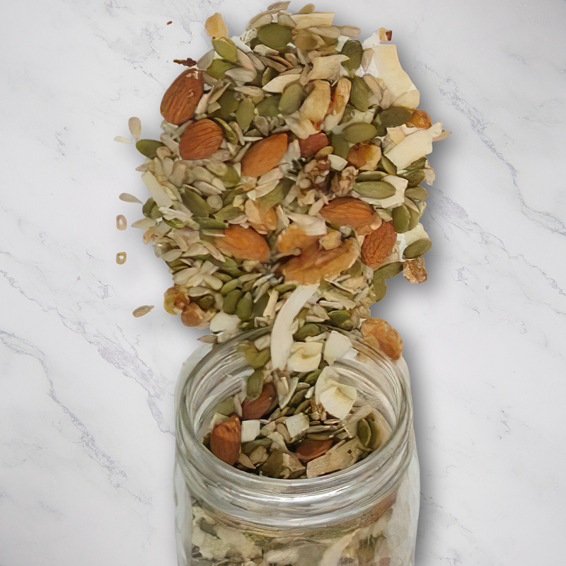 Keto Mix 13oz. Packed with all the delicious, healthy fats you crave, this Keto Mix features walnuts, almonds, pumpkin seeds, sunflower seeds, and chip coconut—just the right combination of crunch and flavor without any carbs. Great for topping a salad or snacking straight from the bag! $7.00 USD
