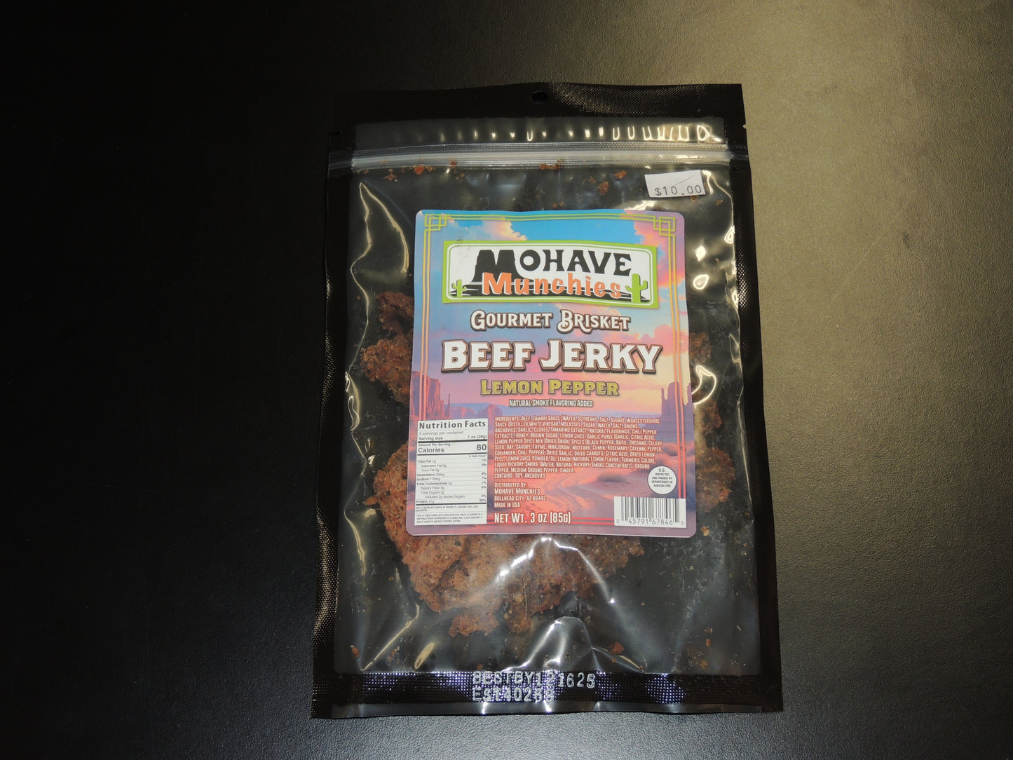 Lemon Pepper Beef Jerky 3oz. This zesty, peppery blend takes beef jerky to the next level, delivering a mouthwatering balance of tangy and savory flavors in every bite! $10.00 USD