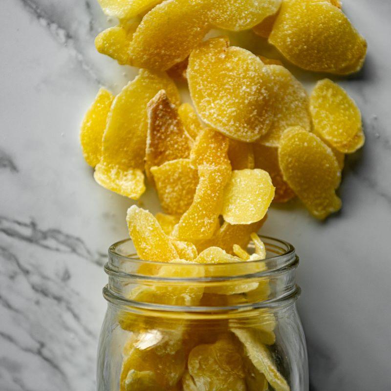 crystallized ginger 8oz. This sweet and zesty treat is made from ginger root, cooked down and lightly coated with sugar. Not only is it a delicious snack, but it’s also a great natural remedy for nausea, motion sickness, and morning sickness. $4.79 USD