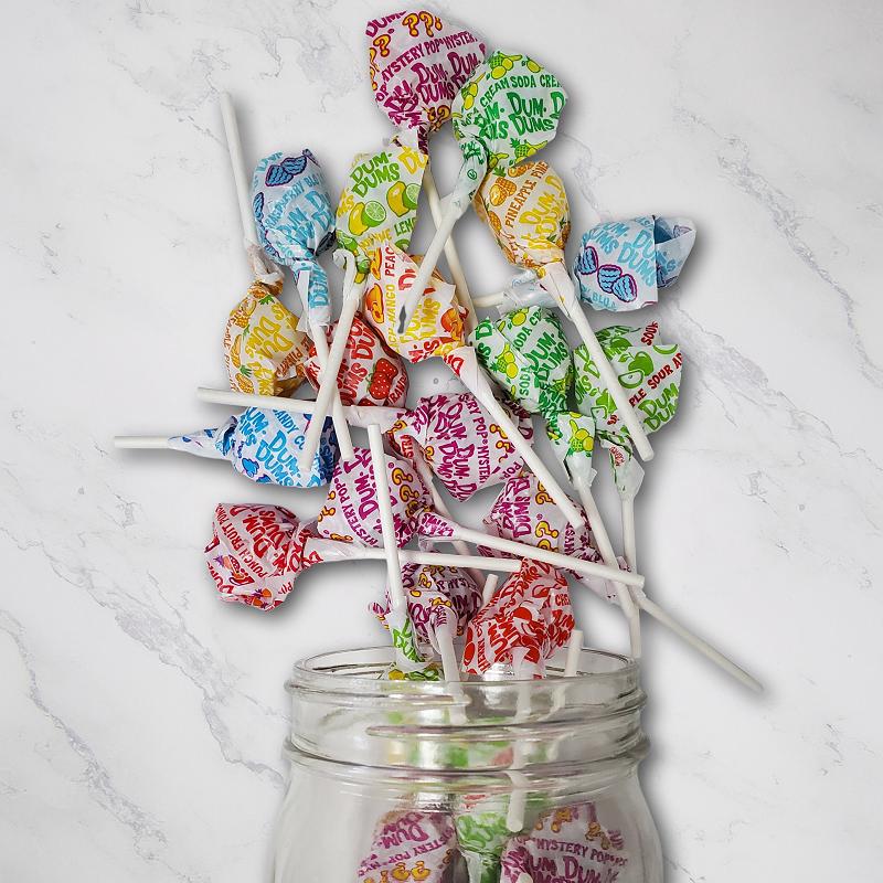 Dum Dum Suckers- Always a favorite lollipop, these come in a wide assortment of flavors:
Blue raspberry, bubblegum, butterscotch, cherry, cotton candy, cream soda, root beer, fruit punch, grape, lemon lime, orange, mango peach, pineapple, green apple, watermelon, strawberry, and the famous mystery flavor.
Flavors vary upon each bag, not every bag will have every flavor. $6.29 USD