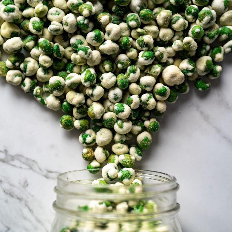 wasabi peas-These crispy, bite-sized green peas are coated in fiery wasabi, delivering the perfect punch of heat with every crunch. A must-try for any spice lover! $6.00 USD