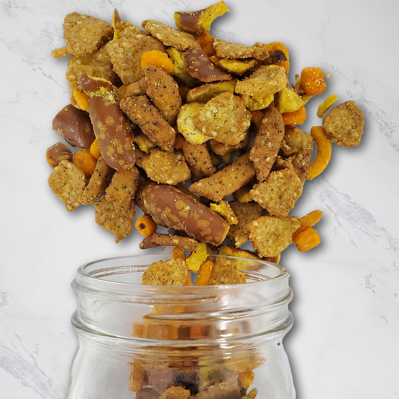 Ballpark Munch 14oz. Step up to the plate with this savory snack mix that brings the stadium right to your snack bowl! A winning combo of Honey Mustard Pretzel Pieces, BBQ Toasted Corn, Everything Sticks, Honey Roast Sesame Chips, and Nacho Corn Sticks – it’s packed with bold flavors and unbeatable crunch. Perfect for game day or any day! $7.00 USD