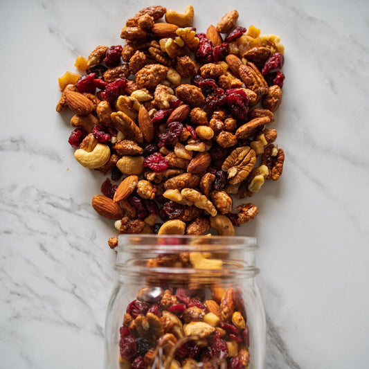 Cinnamon Apple Cherry Blast 13oz. This delectable mix features a perfect blend of cranberries, cinnamon toffee peanuts and almonds, cinnamon-diced apples, roasted and salted almonds and cashews, walnut and pecan halves, and dried cherries. Each bite is a combination of sweet, savory, and spicy that’ll keep you coming back for more. $8.00 USD