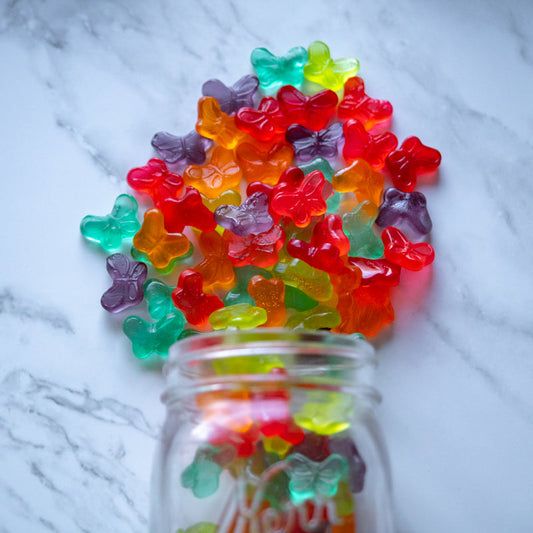 Gummy Butterflies 14oz. Spread your wings and enjoy these fluttery, fruity gummy butterflies! With a delightful mix of blue raspberry, grape, orange, green apple, cherry, and strawberry, these treats are sure to brighten your day. $6.79 USD