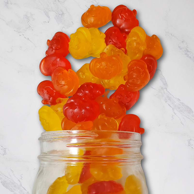 Gummy Pumpkins 14oz. Celebrate the season with mouthwatering Gummy Pumpkins! These cheerful jack-o-lanterns come in vibrant red, yellow, and orange, bursting with fruity goodness to delight your taste buds. $6.79 USD