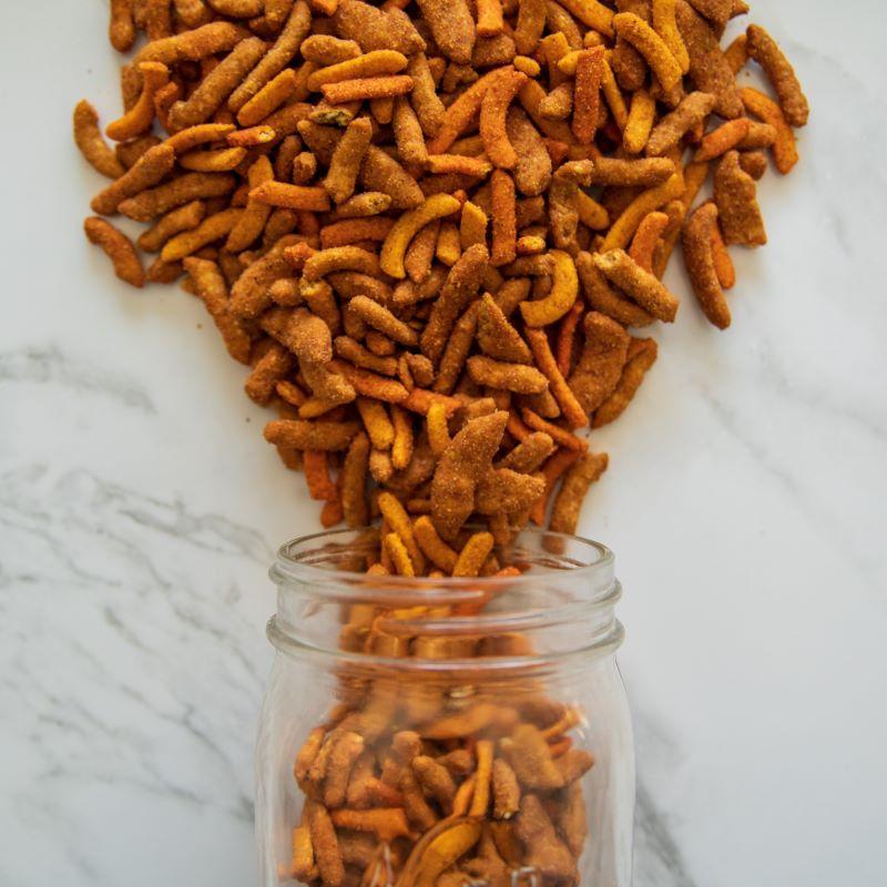 Inferno™ 14oz.
Warning: This mix is HOT! One of our spiciest blends, Inferno™ will set your taste buds ablaze. A fiery combination of sesame sticks and corn sticks, all seasoned to perfection. Only the brave need apply! $8.00 USD