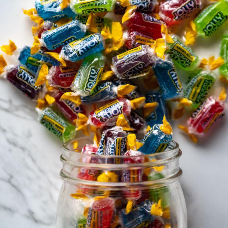 Jolly Rancher® Fruit Kisses 14oz. Get ready for a flavor explosion with Jolly Rancher® Fruit Kisses! These bite-sized treats are packed with bold, fruity flavors like Green Apple, Cherry, Watermelon, Grape, and Blue Raspberry. $7.00 USD