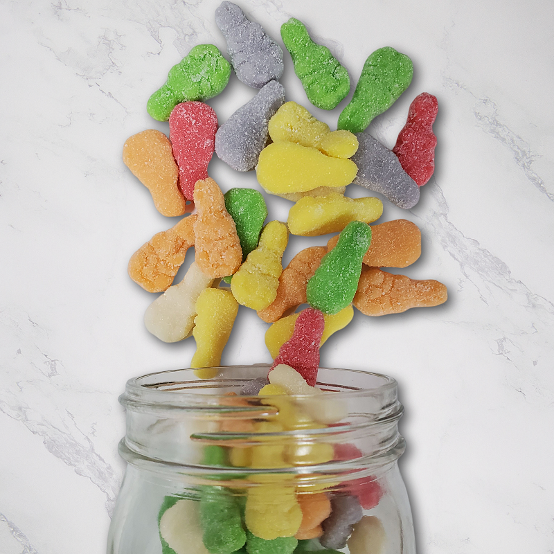 Sanded Gummy Bunnies 14oz. Soft, sugar-sanded gummy bunnies in six colors and flavors: grape, green apple, orange, pineapple, cherry, and lemon. $6.79 USD